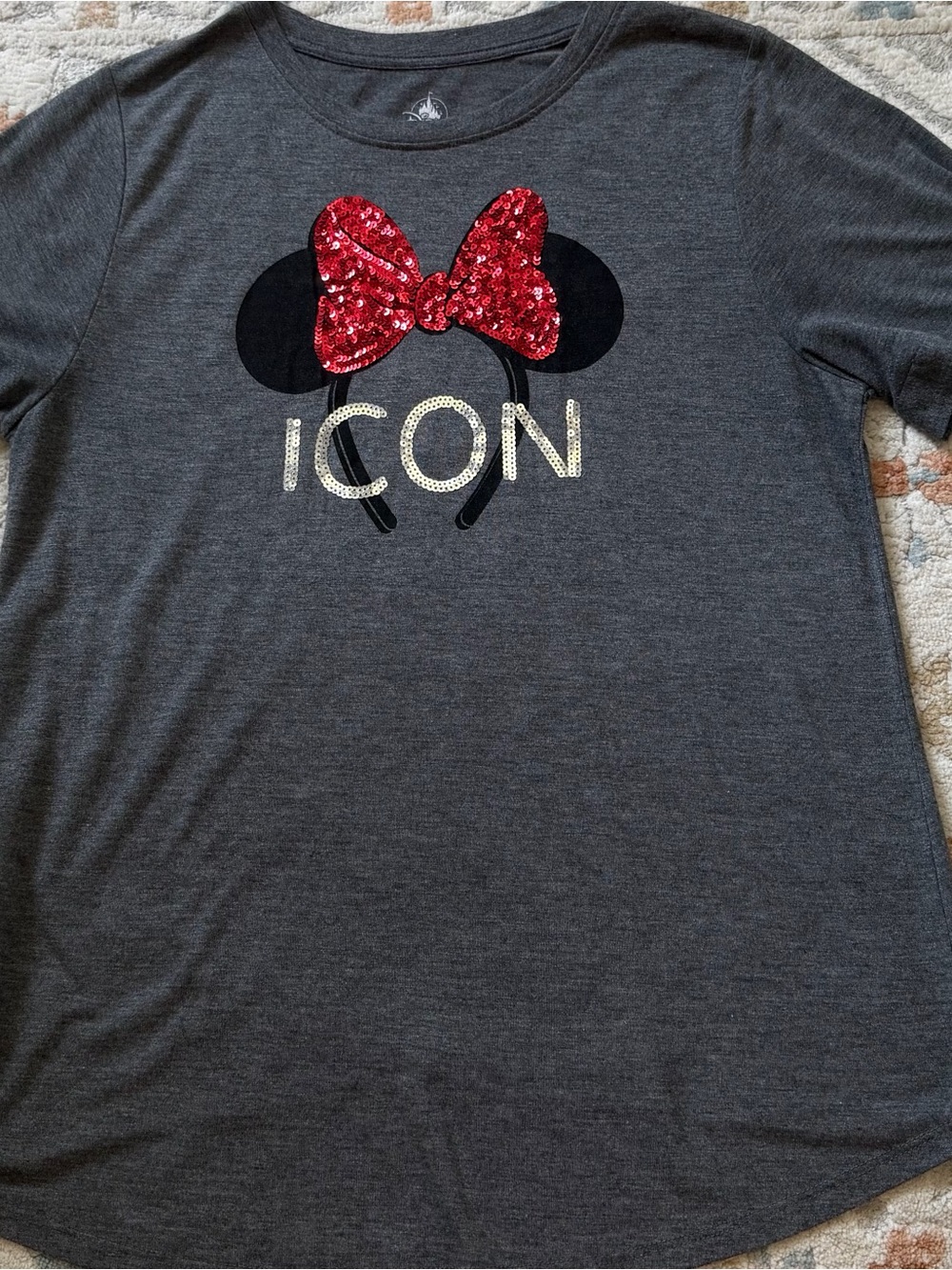 Disney Gray Minnie Ears ICON Tee with Red Sequin Bow Size M